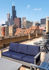 rooftop deck in South Loop apartment building with view of Willis Tower in Chicago
