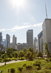 buildings in Chicago skyline seen from Maggie Daley Park in Lakeshore East neighborhood