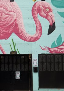 mural of flamingos painted on outside of Flamingo Rum Club in River North, Chicago