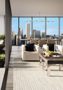 living room and balcony in luxury apartment building in Chicago