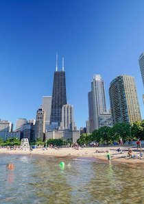 North Avenue beach in Chicago with skyline in the background
