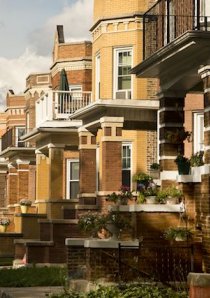front porches of apartment buildings on a neighborhood street in Chicago
