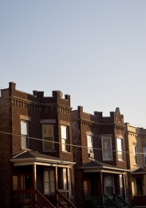 vintage apartment buildings on a street in Avondale neighborhood of Chicago