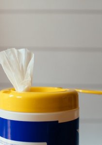yellow lid of disinfectant wipes container