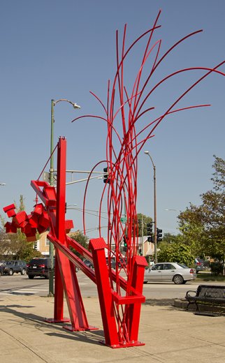 red dog sculpture in Jefferson Park Chicago