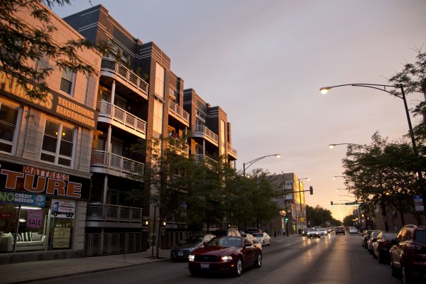Apartment buildings at dusk in Albany Park Chicago